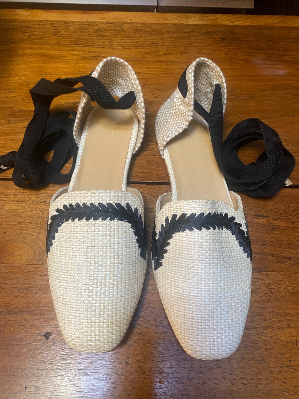 Castaner Natural Espadrille Flats with Black Embroidered Trim 40